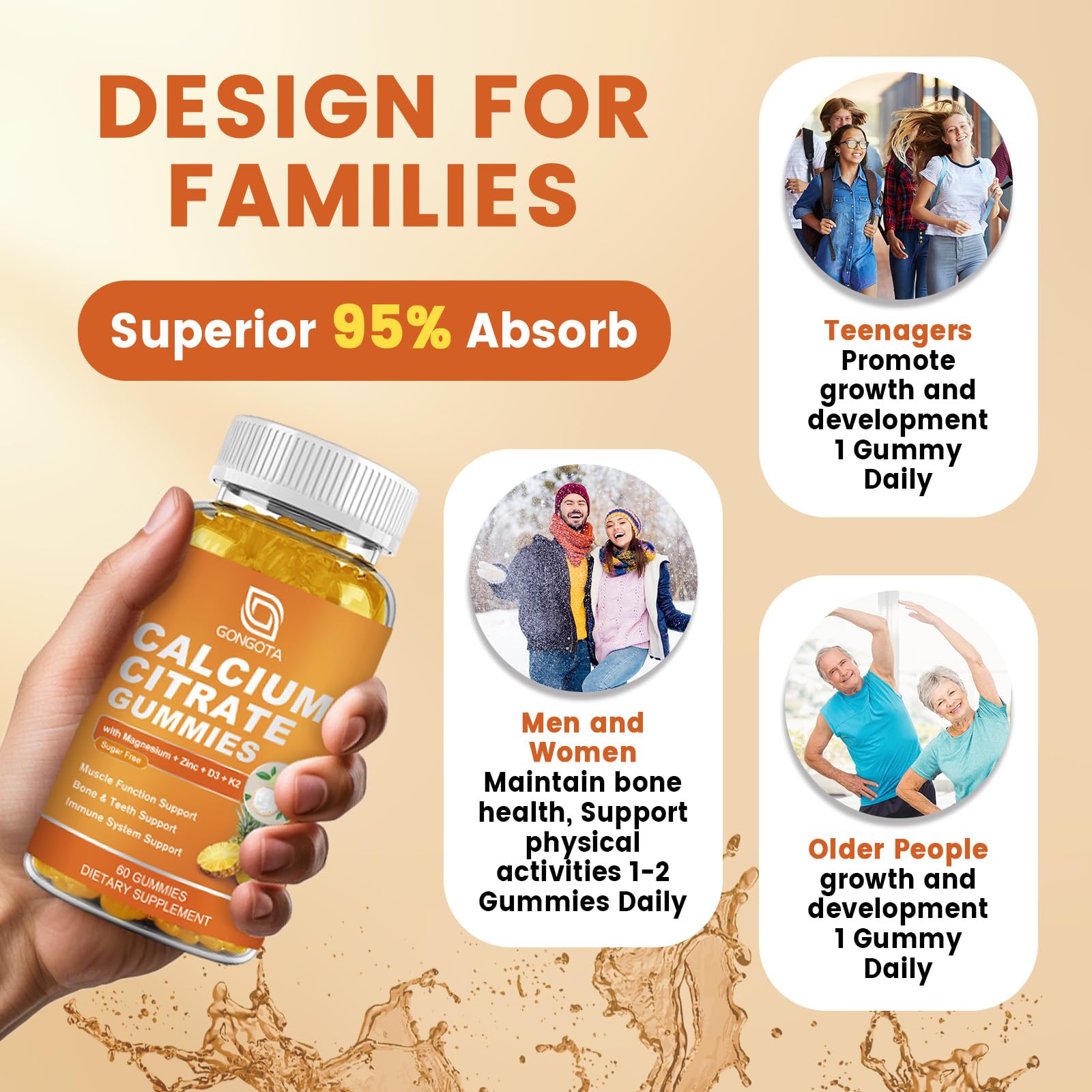 GONGOTA Calcium Citrate 1200mg with Vitamin D3 Gummies, Chewable Calcium for Bone, Muscle, Joints, Immune Support, Calcium Supplements for Women & Men,Sugar Free, Pineapple Flavor - 120 Gummies GONGOTA buy supplements canada