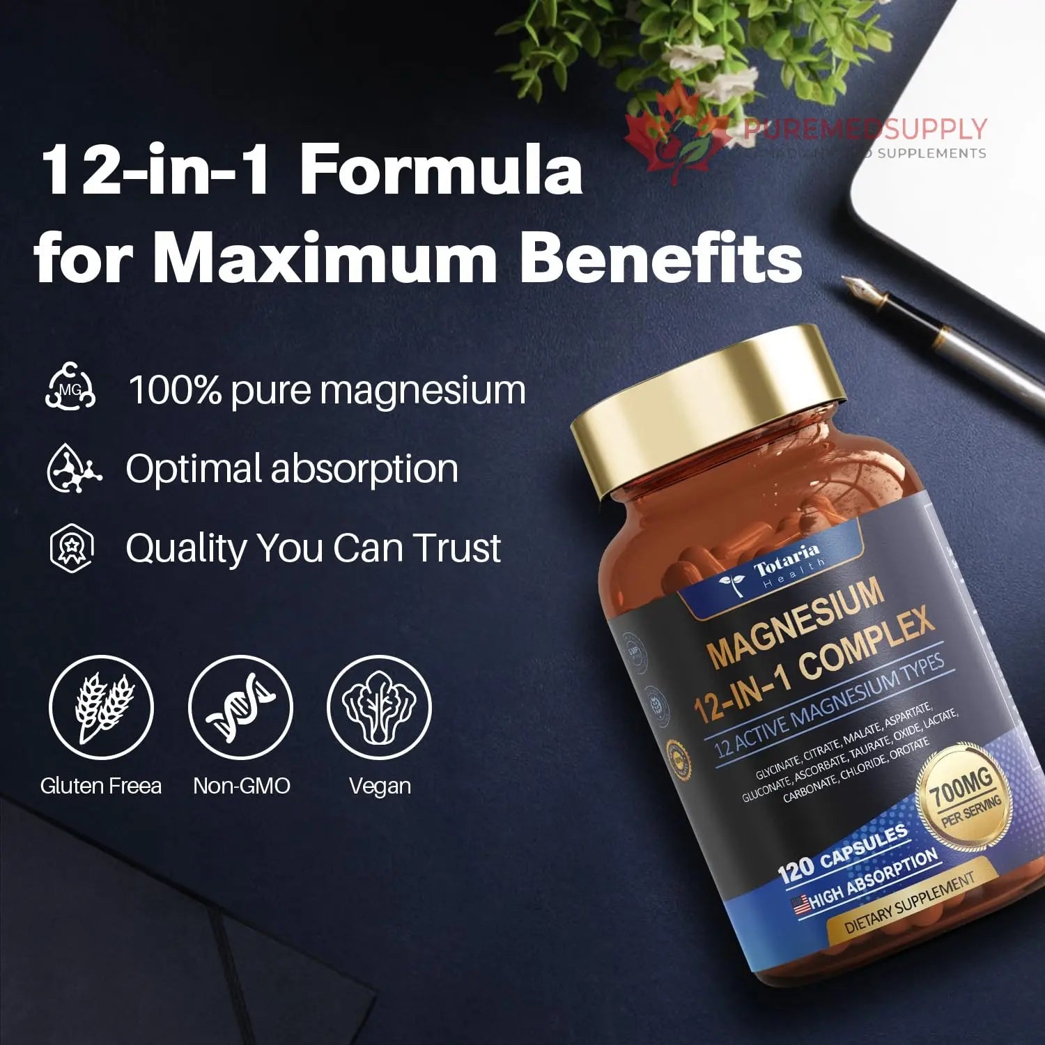 Magnesium Complex 700mg 12 in 1 Magnesium Supplement with Glycinate Citrate Malate Oxide Taurate Aspartate Orotate Magnesium Relaxation,Muscle,Heart Support, Vegan 120 Capsules 2PK Totaria buy supplements canada