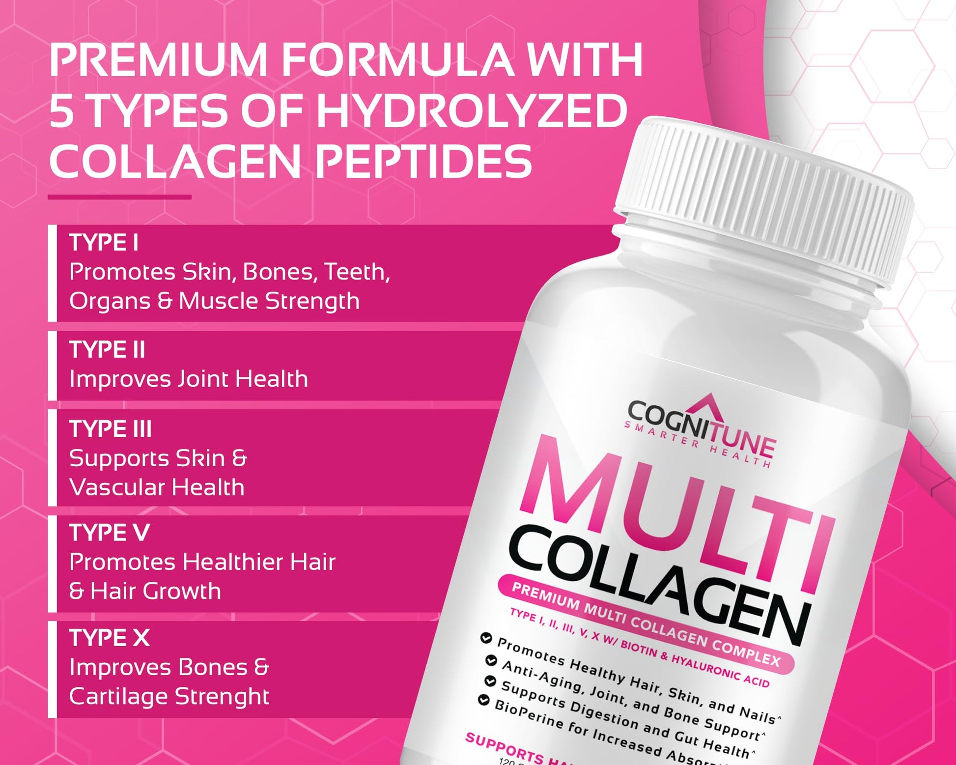 CogniTune Multi Collagen Peptides for Women with Biotin, Hyaluronic Acid, Vitamin C - 5 Types I II III V X Colageno Hidrolizado - 2000mg Hair Skin Nails Joints Support - 120 Capsules CogniTune buy supplements canada