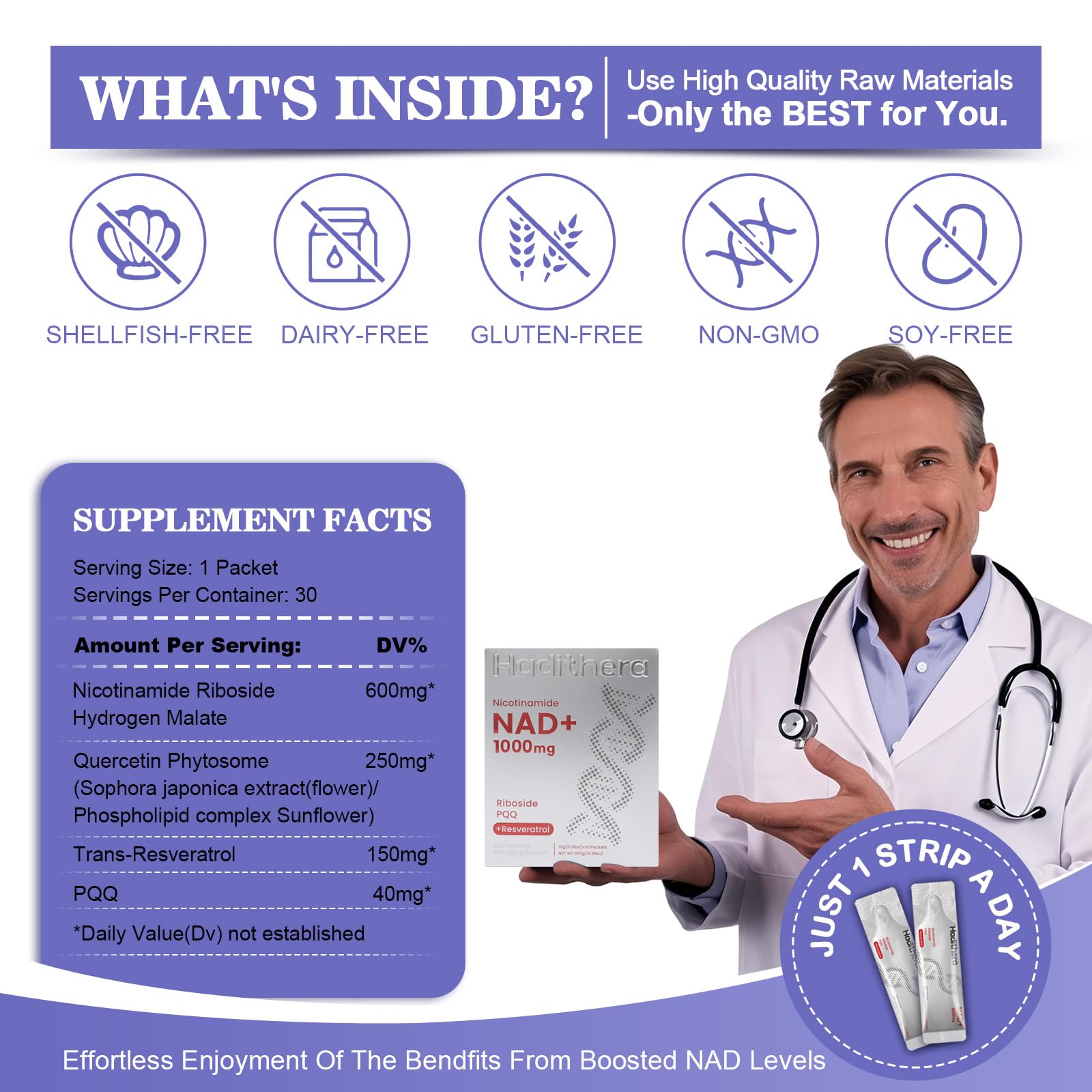 Haditheran NAD Supplement 1000mg Synergistic Blend with Nicotinamide Riboside, PQQ & Resveratrol - Premium Anti-Aging Supplement for Cellular Energy, Mental Clarity and Longevity (30 Packets) Haditheran buy supplements canada