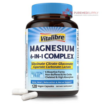 Vitalibre 6 in 1 Magnesium Complex for Women Men, 260mg Elemental Magnesium | Max Absorption | Chelated Magnesium Supplement for Bone, Relaxation & Nerves Support | Non-GMO, 120 Vegan Capsules Vitalibre buy supplements canada