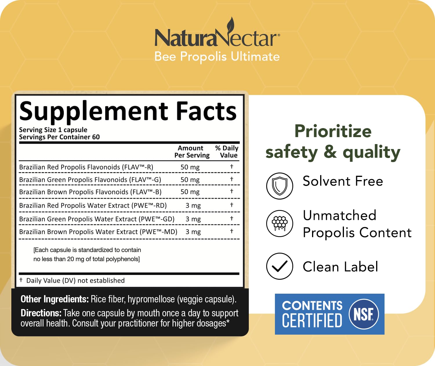 NaturaNectar - Ultimate Bee Propolis Capsules - NSF Contents Certified -Brazilian Red, Brown, & Green - Gluten-Free Supplement with Flavonoids - Naturally Sourced Through Ethical Beekeeping (60pcs.) NaturaNectar buy supplements canada