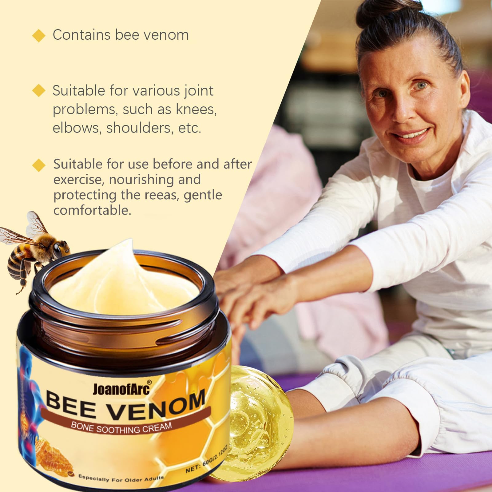 Bee Venom Joint Cream, Natural Bee Venom Skin Cream, Bee Venom Advanced Joint & Bone Cream, Suitable for Everyday Back, Waist, Neck, Hands, Knees, Light Non-Sticky for Men Women Aldult - 2.11 Oz/60g JoanofArc buy supplements canada