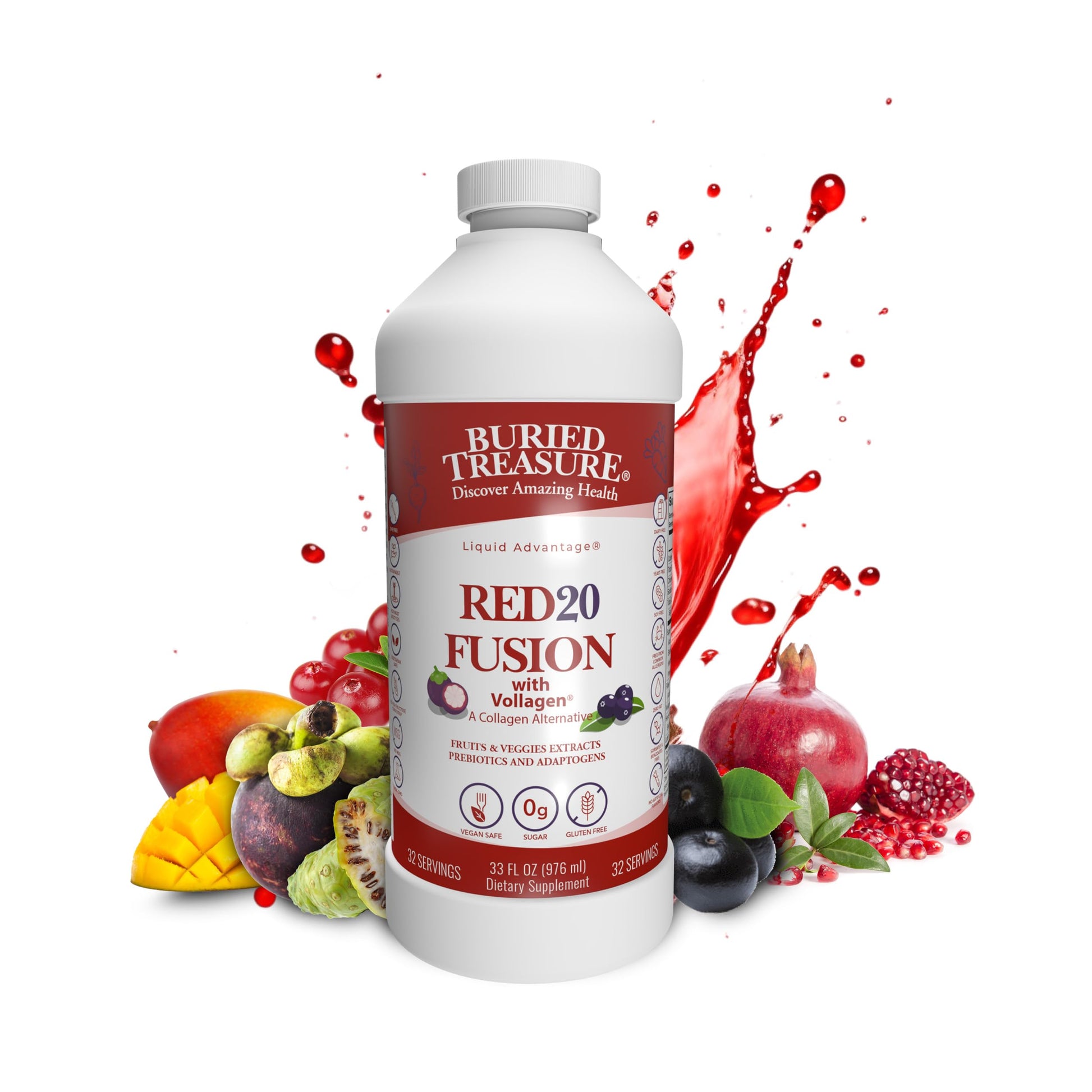 Buried Treasure Red20 Fusion Superfood Blend – Acai, Beets, Blueberry, Fiber, Adaptogens, Lutein, Vegan Vollagen, Natural Energy, Digestion, Eye Health & Wellness Support, 32oz Liquid Buried Treasure buy supplements canada