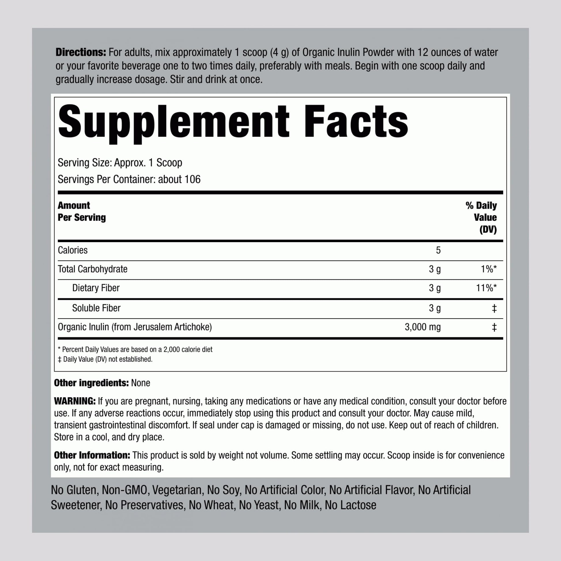 Piping Rock Organic Inulin Powder | 15 oz | Soluble Fiber Supplement | FOS Powder | Vegetarian, Non-GMO, Gluten Free Piping Rock buy supplements canada