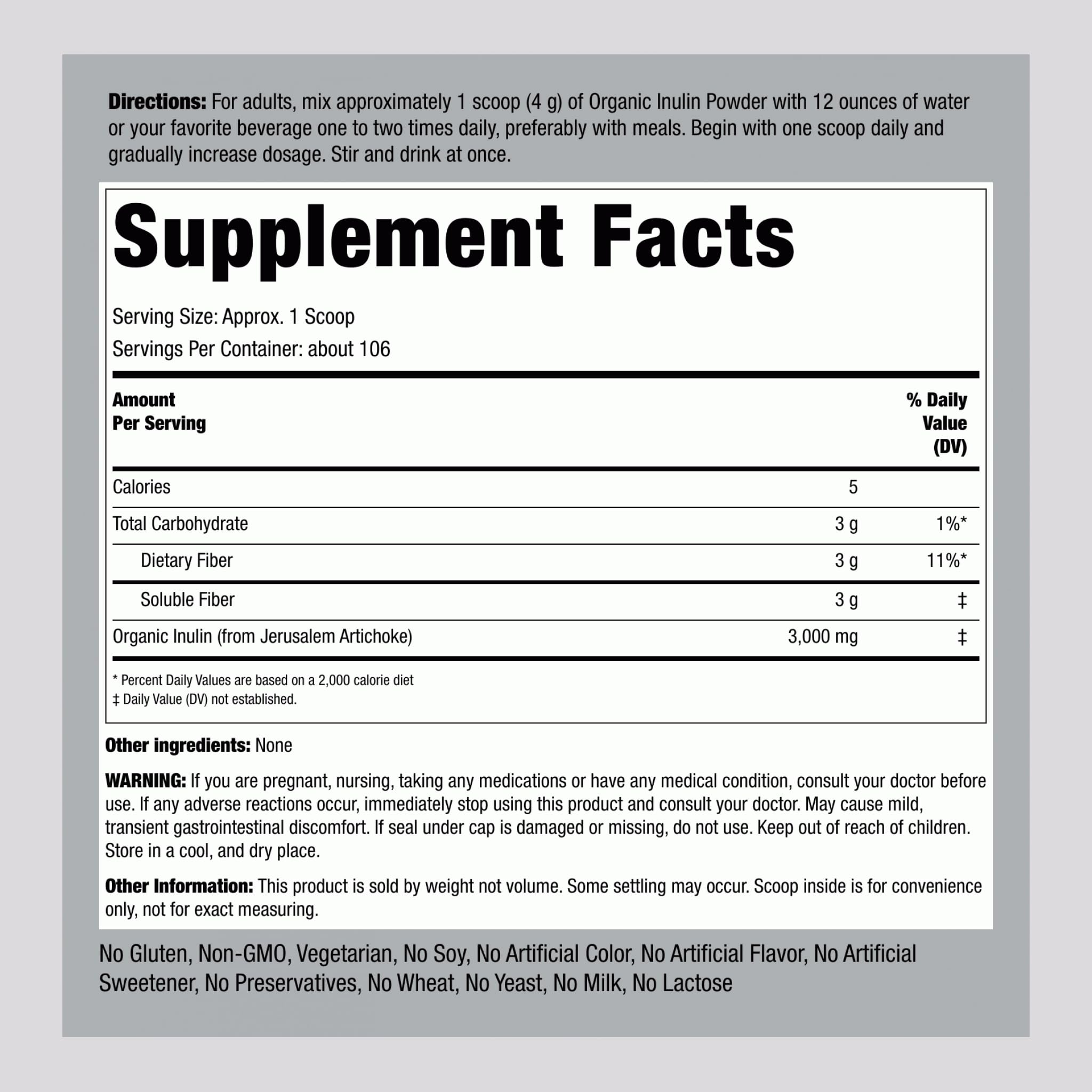 Piping Rock Organic Inulin Powder | 15 oz | Soluble Fiber Supplement | FOS Powder | Vegetarian, Non-GMO, Gluten Free Piping Rock buy supplements canada