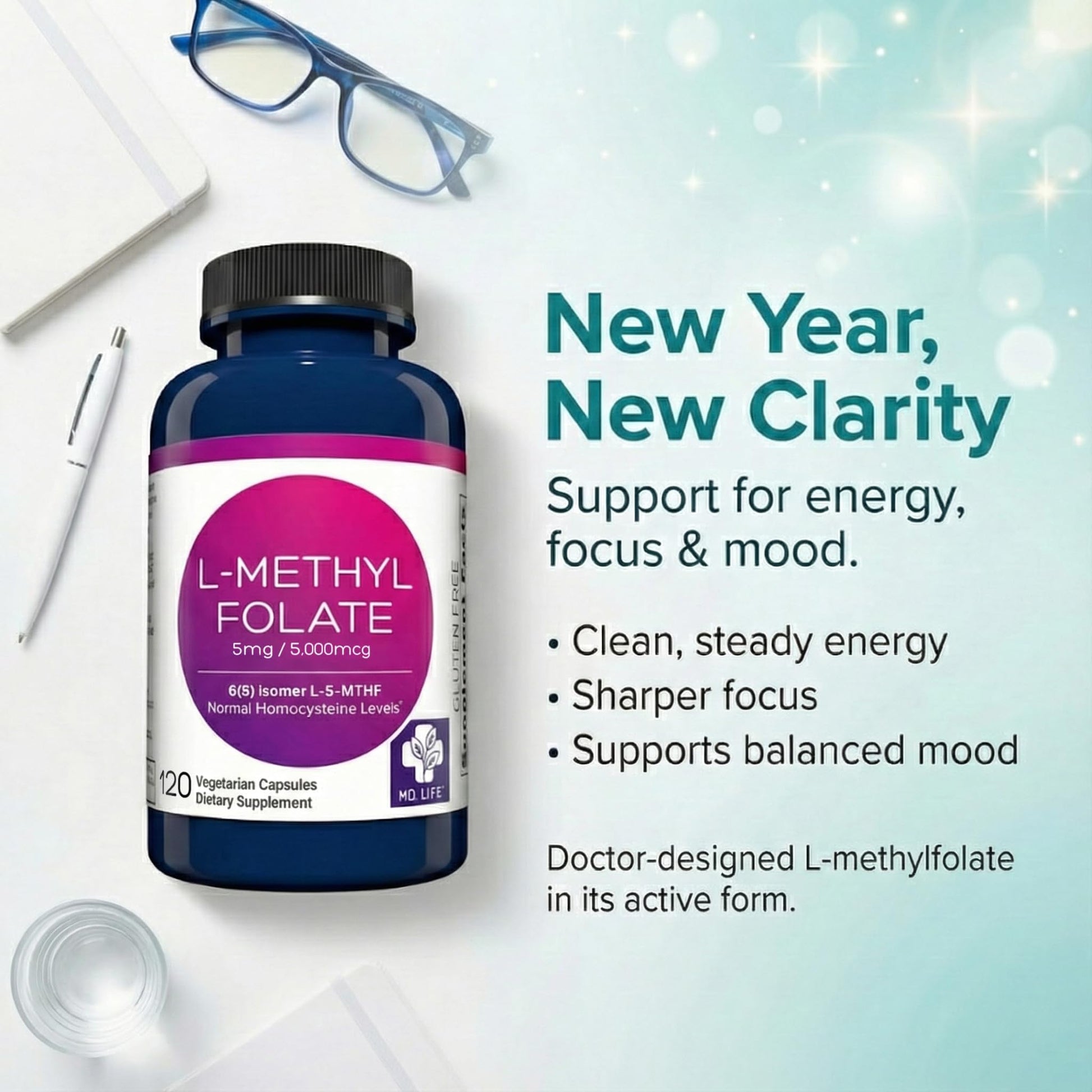 MD Life L-Methylfolate 5 mg Supplement - Professional-Grade Active L Methylfolate Supplement - 120 Capsules - L-Methylfolate 5mg - Maximum Potency MTHFR W/Essential Amino Acids MD.LIFE buy supplements canada