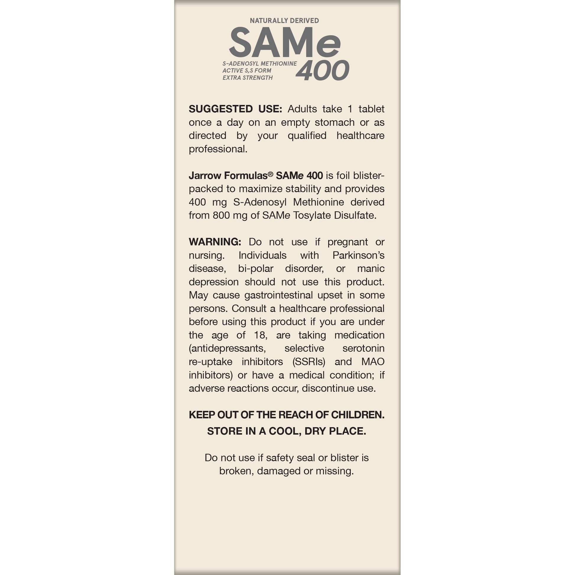 Jarrow Formulas SAMe Supplement 400 mg - 60 Tablets - High Concentration of Active S,S Form - Supports Joint Health, Liver Function, Brain Metabolism, Balanced Mood & Antioxidant Defense - 60 Servings Jarrow Formulas buy supplements canada