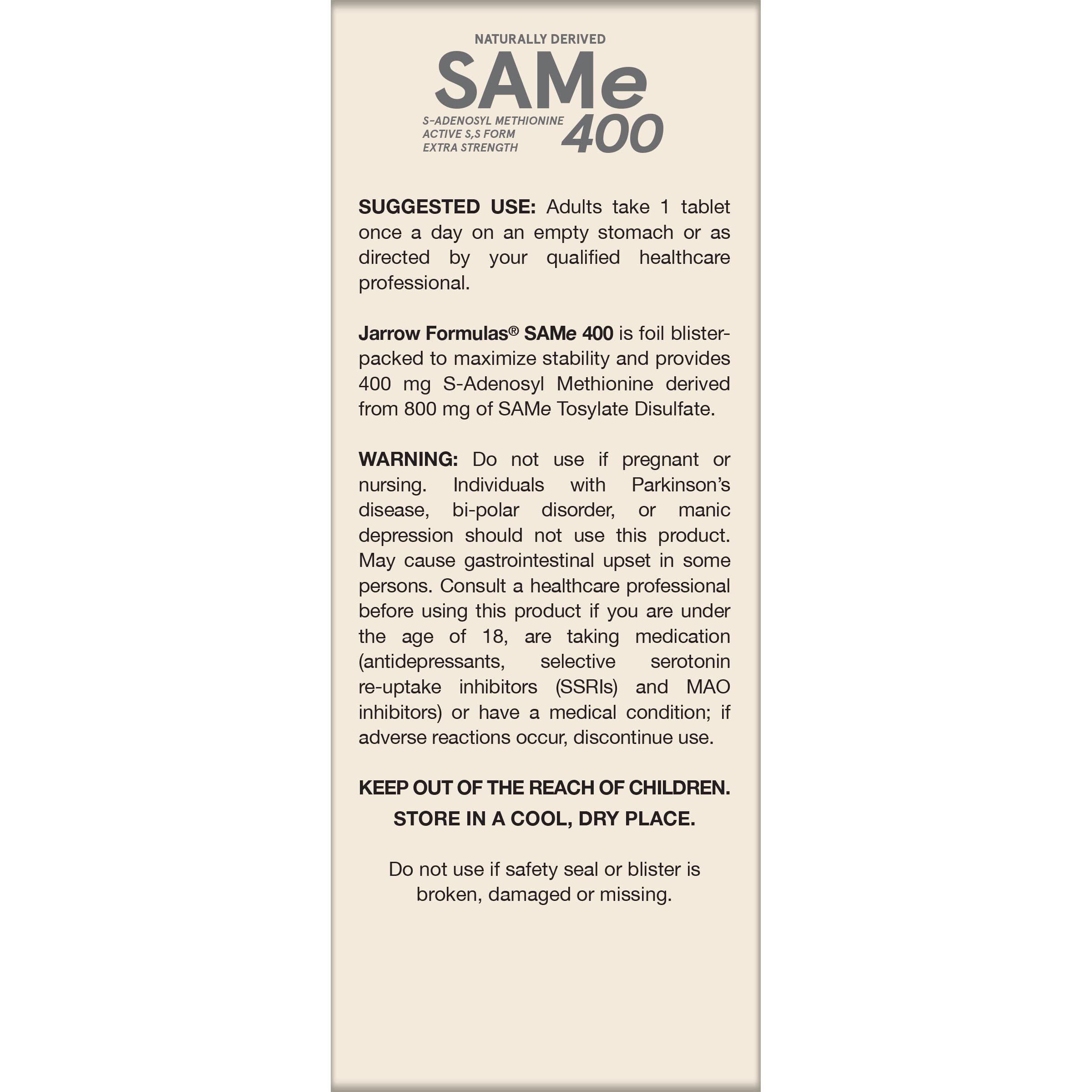 Jarrow Formulas SAMe Supplement 400 mg - 60 Tablets - High Concentration of Active S,S Form - Supports Joint Health, Liver Function, Brain Metabolism, Balanced Mood & Antioxidant Defense - 60 Servings Jarrow Formulas buy supplements canada
