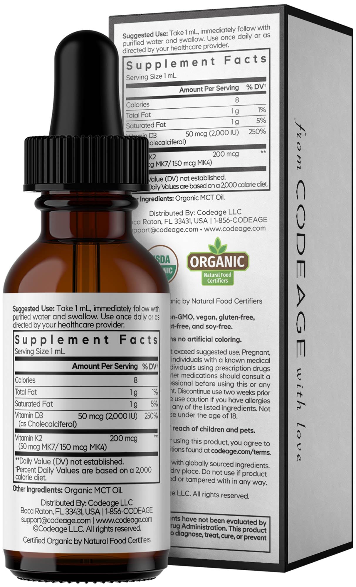 Codeage Liquid D3+K2 Vitamins USDA Organic - Vitamin D3 2000 IU, Vitamin K2 (MK4 & MK7) Liquid Drops - Immune Support - Unflavored - Organic MCT Oil - Non-GMO - 1 fl oz Codeage buy supplements canada