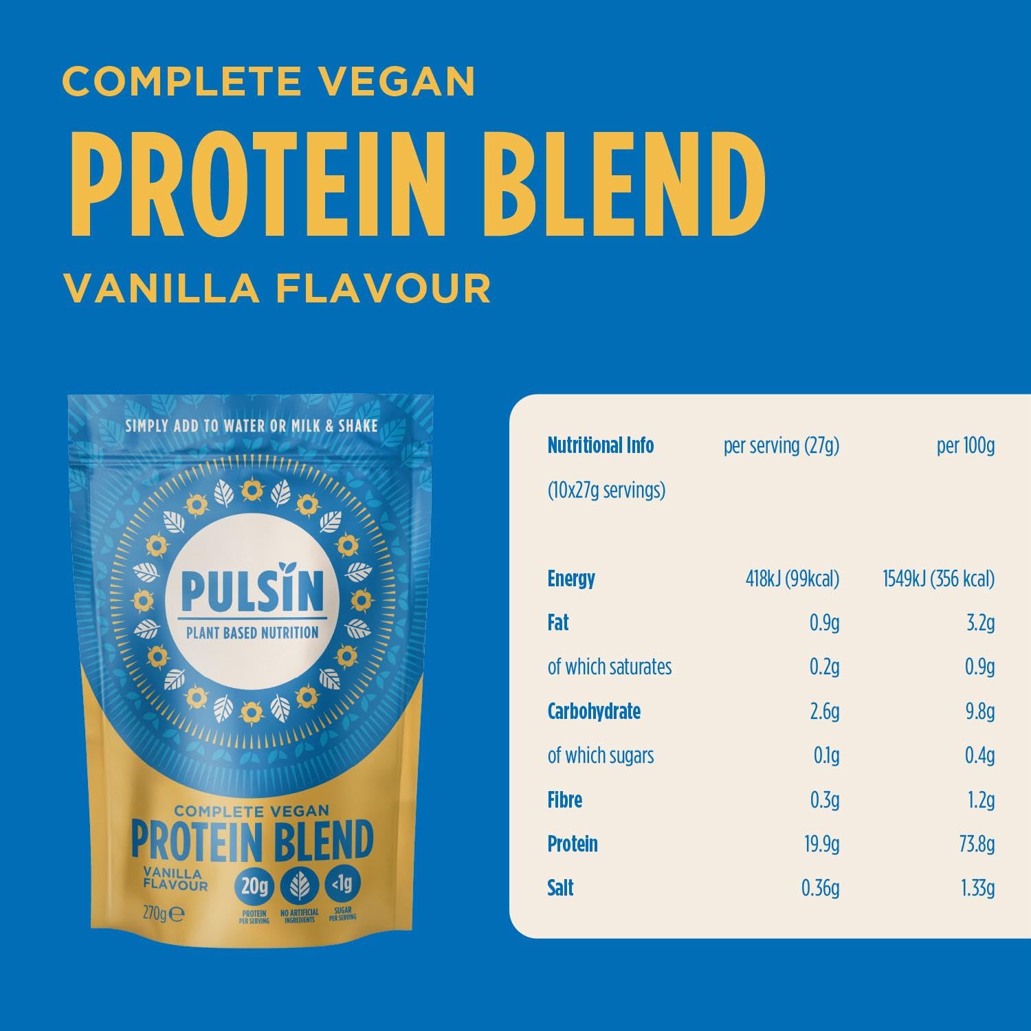 Pulsin plant based nutrition,Complete vegan protein blend,Vanilla flavour 270 g Pulsin buy supplements canada