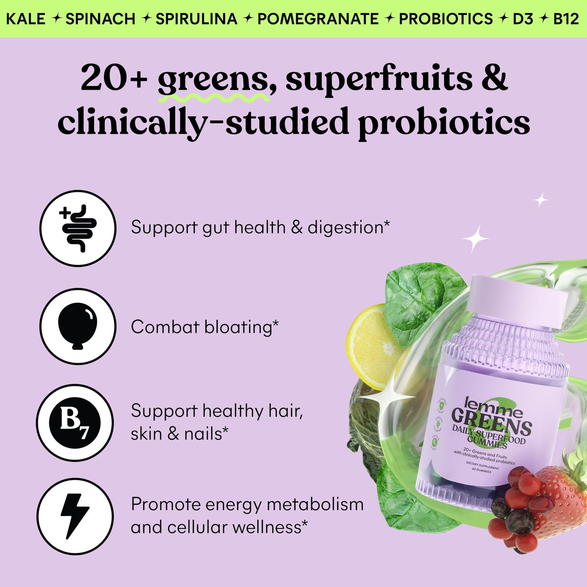 Lemme Greens Superfood Gummies w/Multi - Support Gut Health & Reduce Bloating, 20+ Organic Greens and Superfruits, Clinically Studied Probiotics, D3, B12 - Berries & Greens Flavored (60 Count) Lemme buy supplements canada