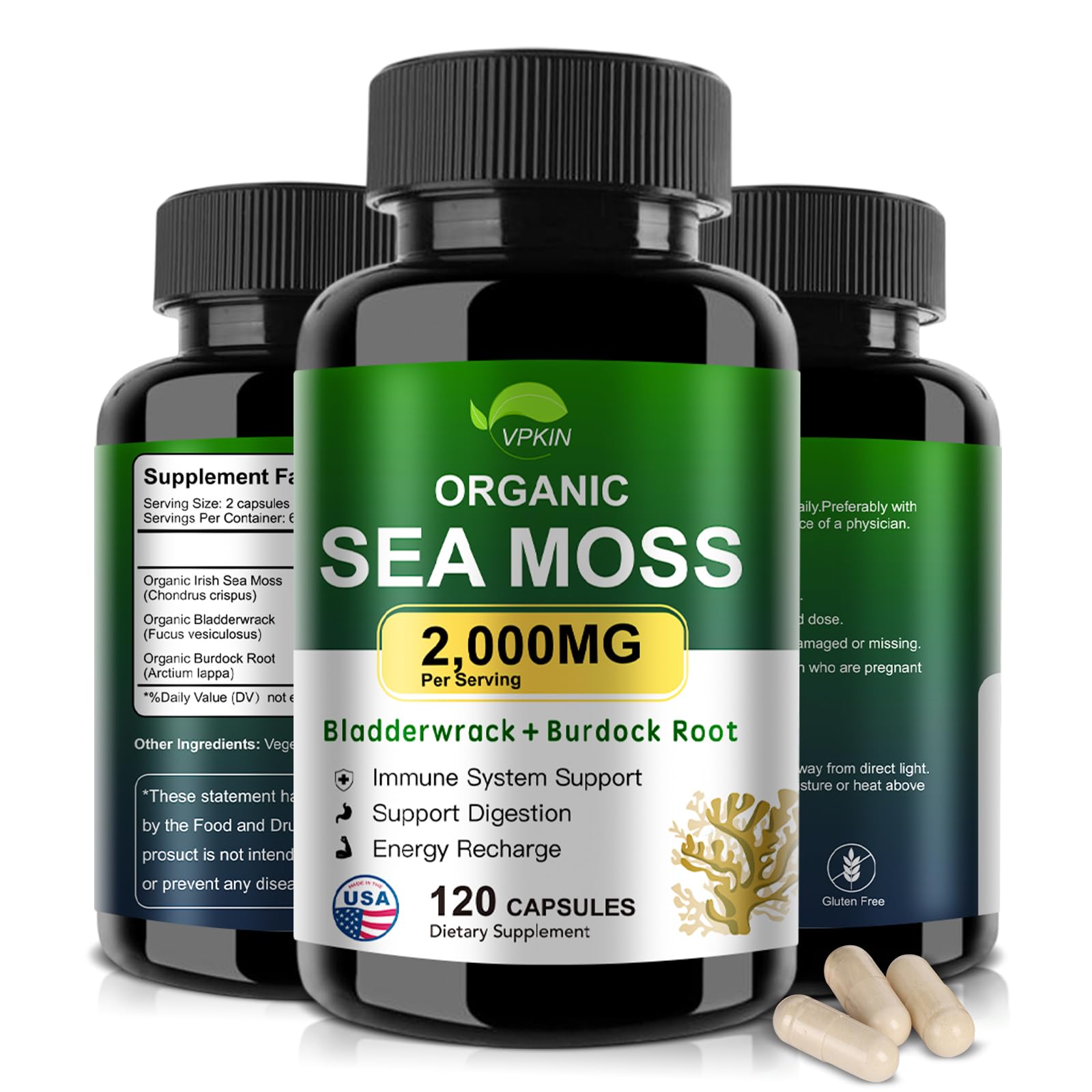 VPKIN Organic Sea Moss Capsules with Bladderwrack,Burdock Root and Black Pepper Extract-Irish SeaMoss Pills 2000mg-Promotes Immune System,Thyroid Support(120 Capsules) VPKIN buy supplements canada