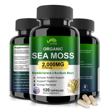 VPKIN Organic Sea Moss Capsules with Bladderwrack,Burdock Root and Black Pepper Extract-Irish SeaMoss Pills 2000mg-Promotes Immune System,Thyroid Support(120 Capsules) VPKIN buy supplements canada