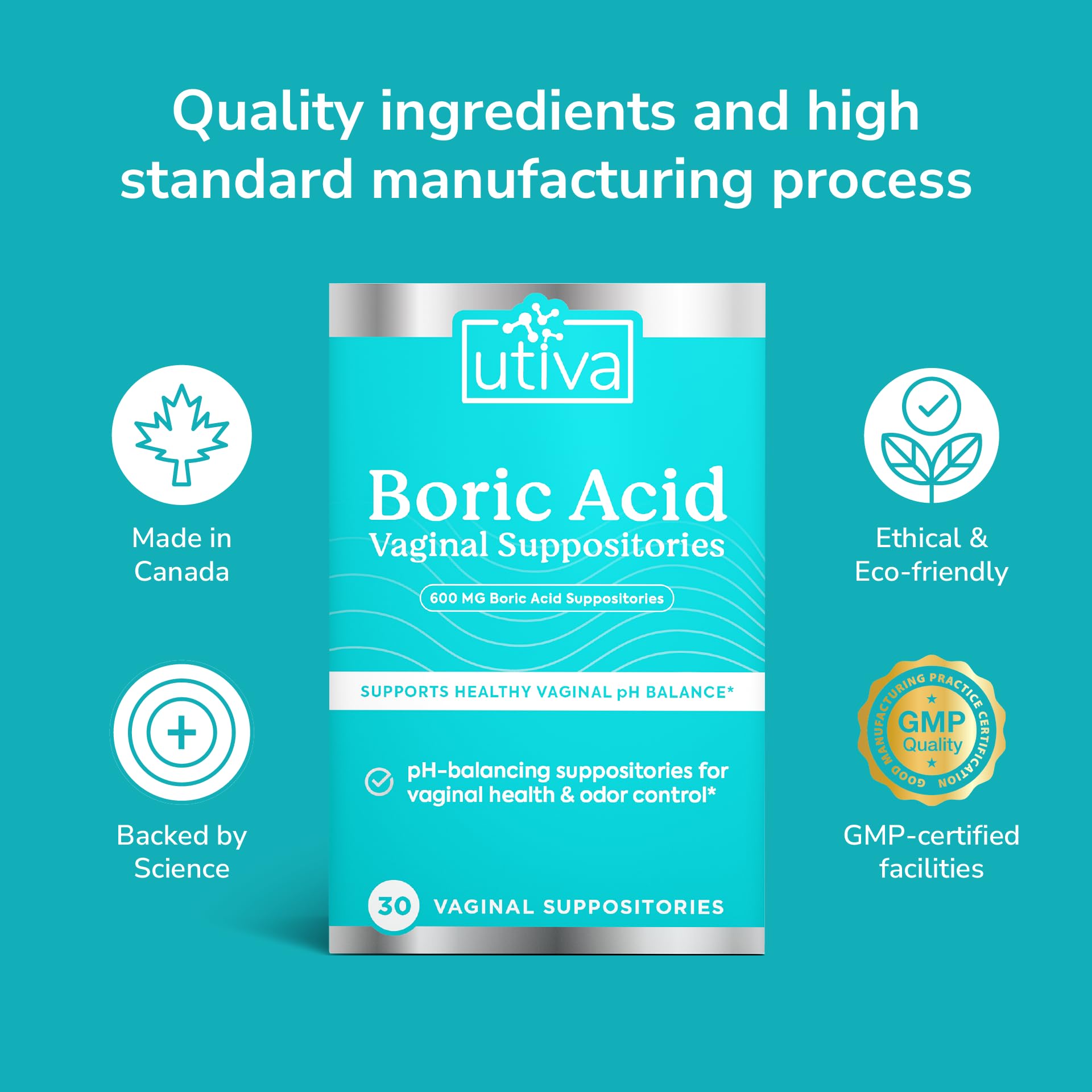 10% Bundle Utiva Boric Acid - 600mg 30-Boric Acid Vaginal Suppositories to Lower pH and Support Vaginal Health + Utiva Suppository Applicators – Hygienic Individually Wrapped 15 Vaginal Applicators Szio+ buy supplements canada