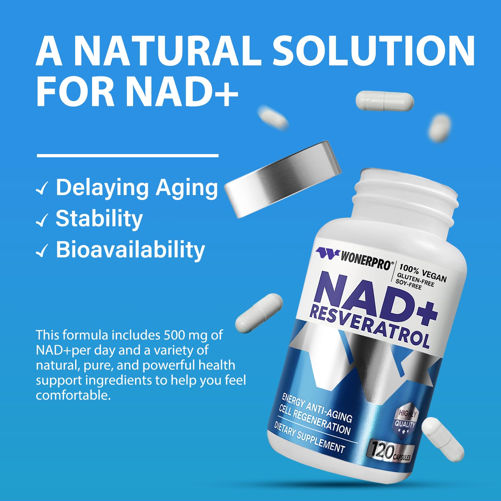 NAD+ Supplement 1500mg Pure Organic, NAD+ Resveratrol & Vitamin B3 for Women & Men, Energy Boost & Anti-Aging Support, 120 Vegan Capsules (Gluten-Free, Soy-Free)-11.4 WONERPRO buy supplements canada