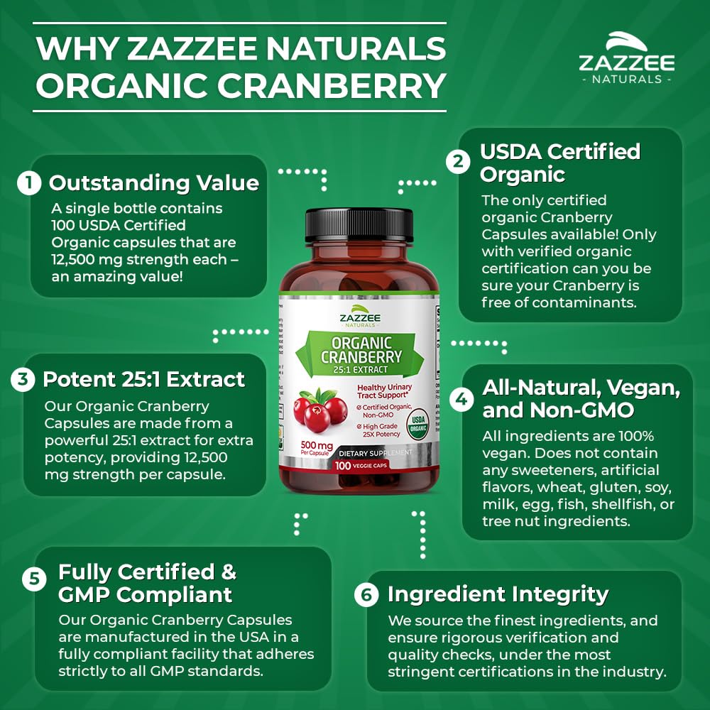 Zazzee USDA Organic Cranberry 25:1 Extract, 12,500 mg Strength, 100 Vegan Capsules Zazzee buy supplements canada