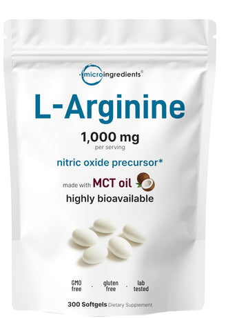 Micro Ingredients L-Arginine 1000mg with MCT Oil, 300 Softgels | Nitric Oxide Precursor* for Men & Women | Extra Strength Amino Acid Formula for Daily Wellness Micro Ingredients buy supplements canada