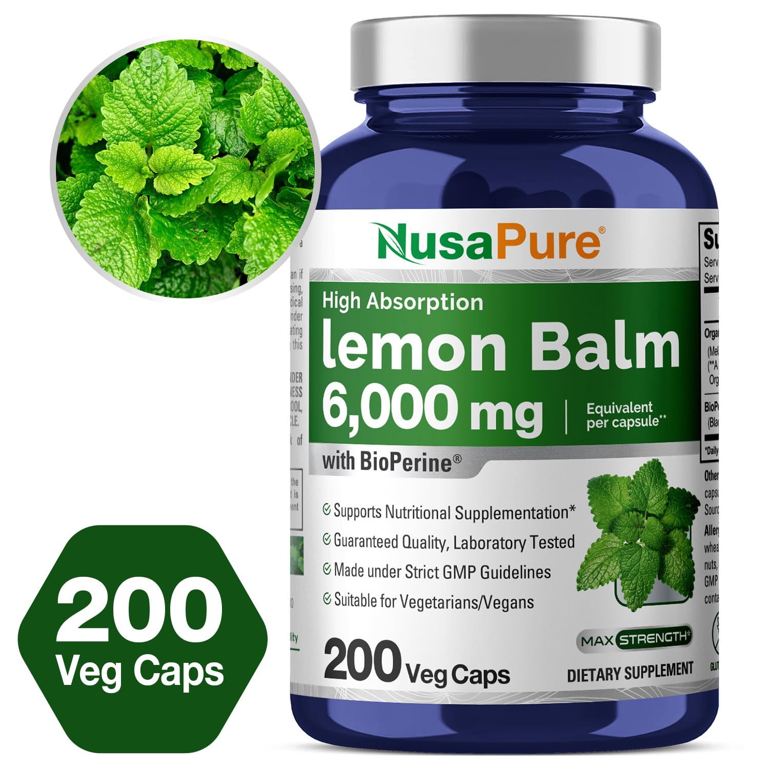 NusaPure Lemon Balm 30:1 Extract, 200 mg Equivalent to 6000mg Per Vegan Caps - 200 Count Non-GMO, Vegan Bioperine NusaPure buy supplements canada