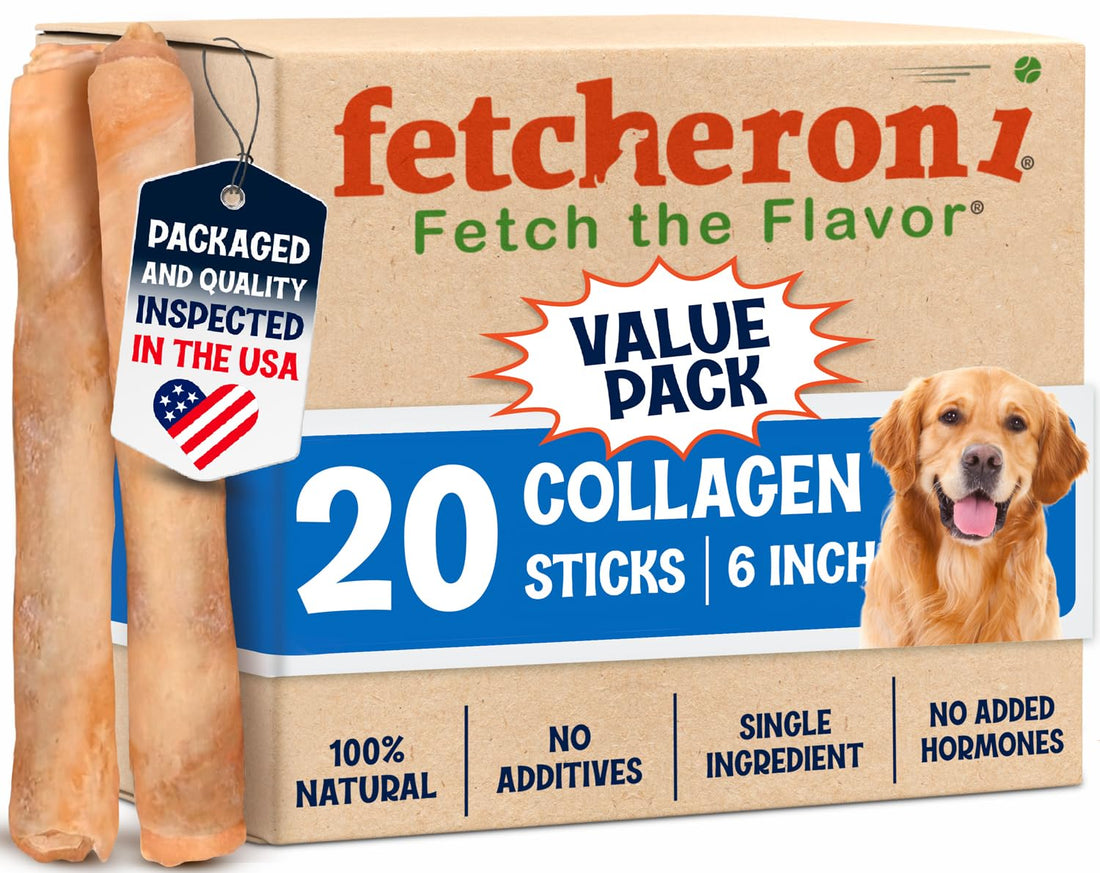 FETCHERONI 6" Collagen Sticks for Dogs – Low Odor Long-Lasting Bully Stick & Rawhide Alternative, Single Ingredient Beef Bone, High Protein Dental Treat, Vet Approved, Improves Joint Health – 20 Pack FETCHERONI buy supplements canada