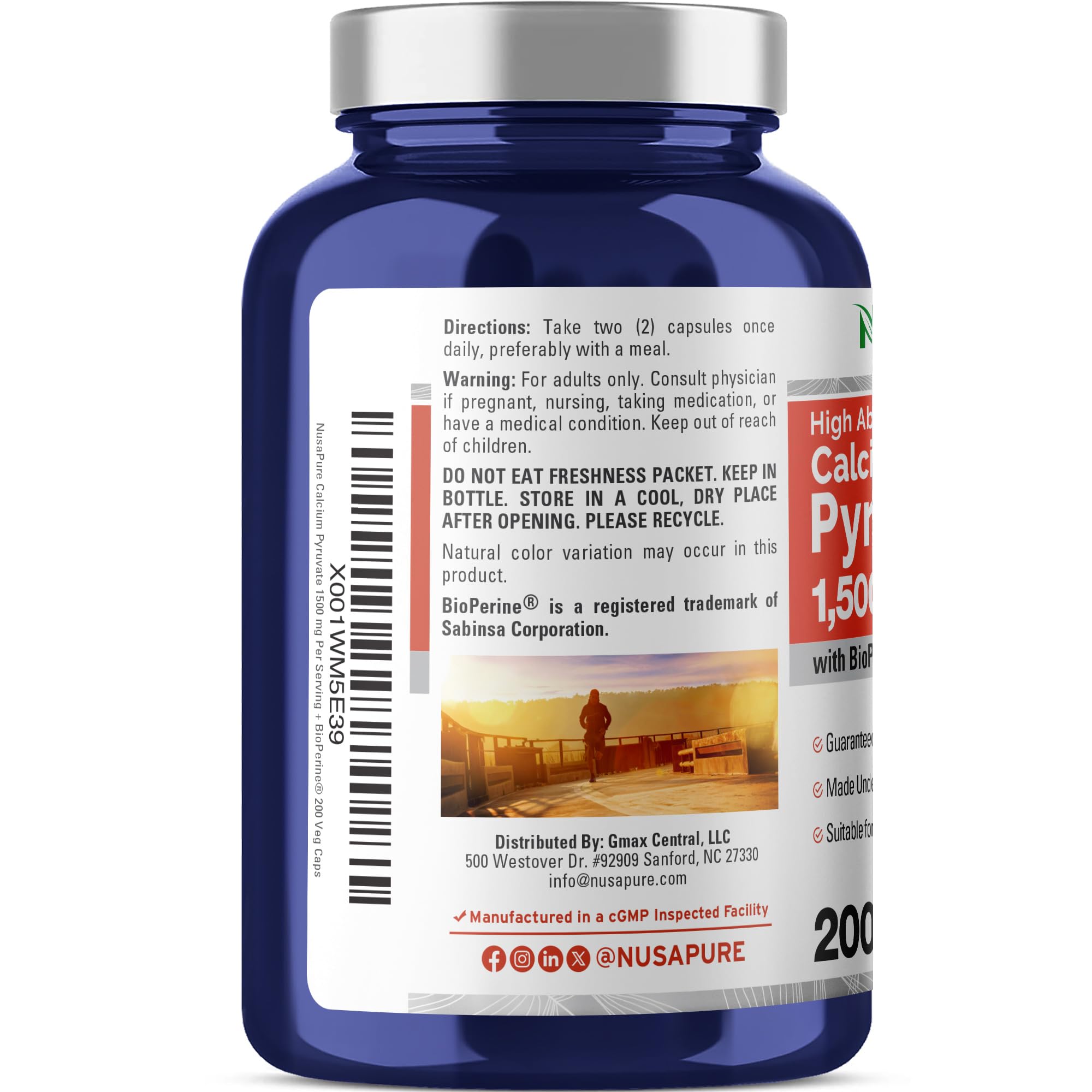 NusaPure Calcium Pyruvate - Suitable for Vegetarian/Vegan, Non - GMO - 1500 mg - 200 Capsules NusaPure buy supplements canada
