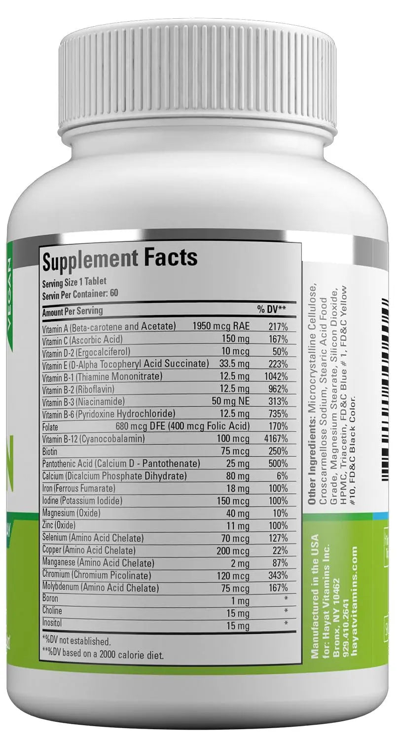 HAYAT Vitamins Vegan Natural Multivitamin, Daily Vitamins with Vitamin A, C, D, E, B1, B2, B3, B6, B12, Biotin, Zinc and More, 2 Month Supply, All Natural HAYAT buy supplements canada