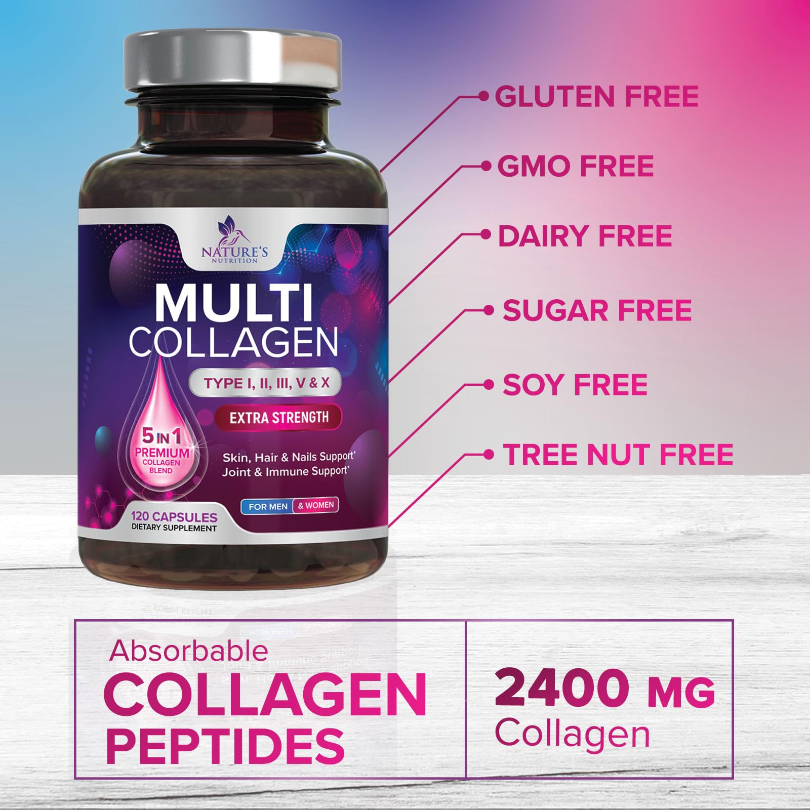 Multi Collagen Pills 2400 mg - Advanced Types I, II, III, V, X - Hydrolyzed Multi Collagen Peptides Pills, Collagen Supplements for Women & Men - Hair, Skin, & Nail Support Supplement - 120 Capsules Nature's Nutrition buy supplements canada
