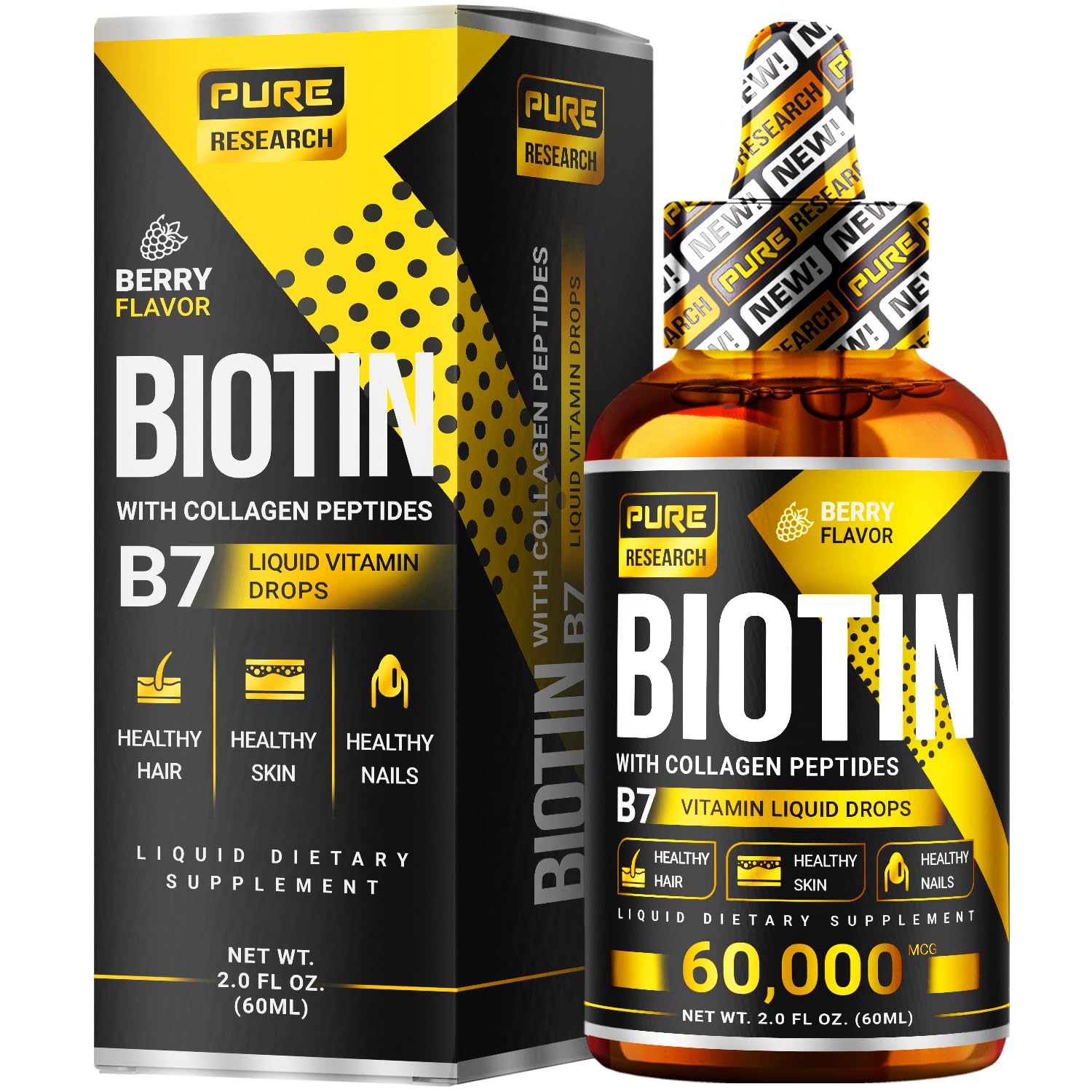 PURE RESEARCH Liquid Biotin & Collagen Hair Growth Drops 60,000mcg – Biotin and Liquid Collagen Supplements for Women & Men – Supports Glowing Skin PURE RESEARCH buy supplements canada
