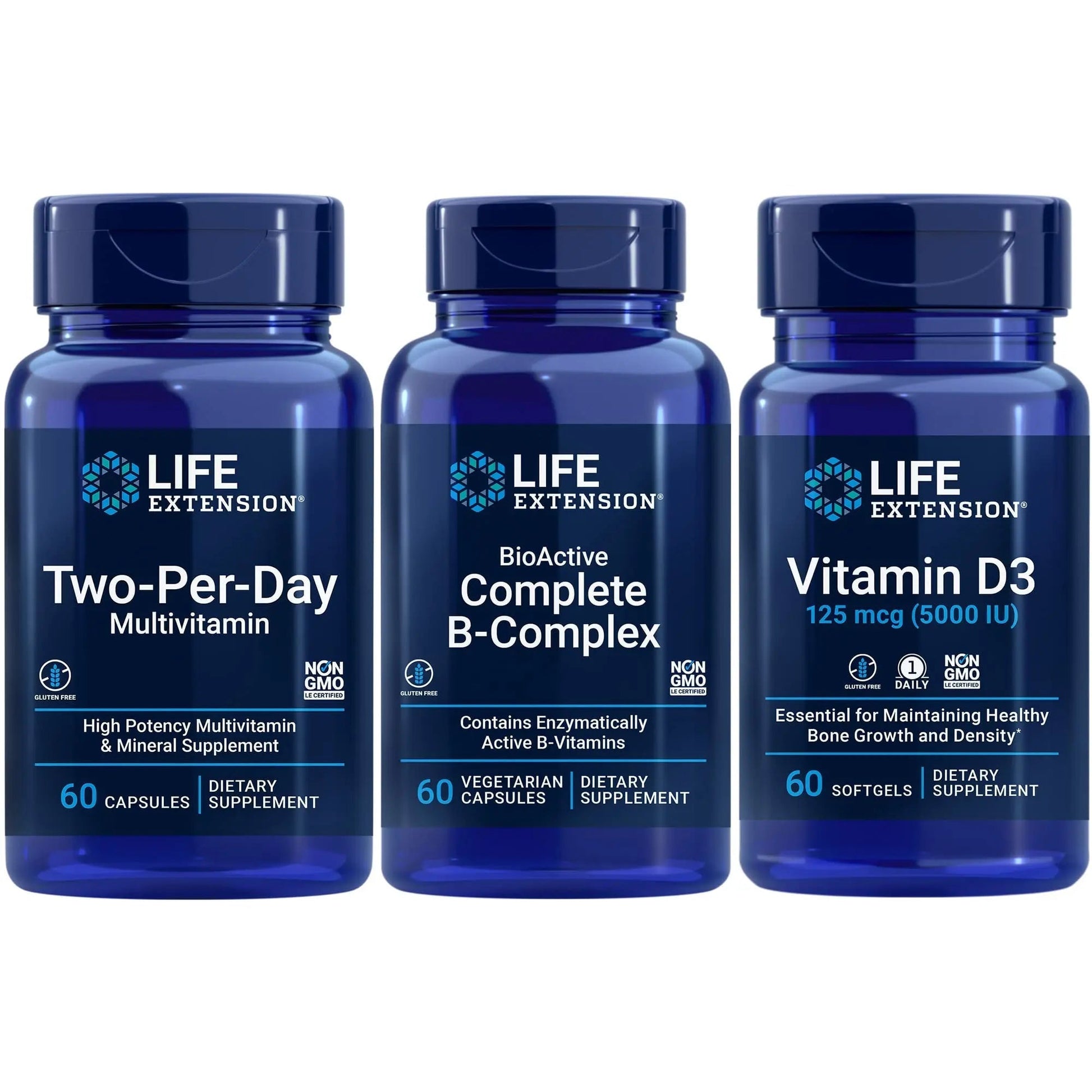 Life Extension Two-Per-Day Multivitamin, 60 capsules | BioActive Complete B-Complex, 60 capsules | Vitamin D3 125 mcg (5000 IU), 60 softgels | Bone & immune health, energy and metabolism support Life Extension buy supplements canada