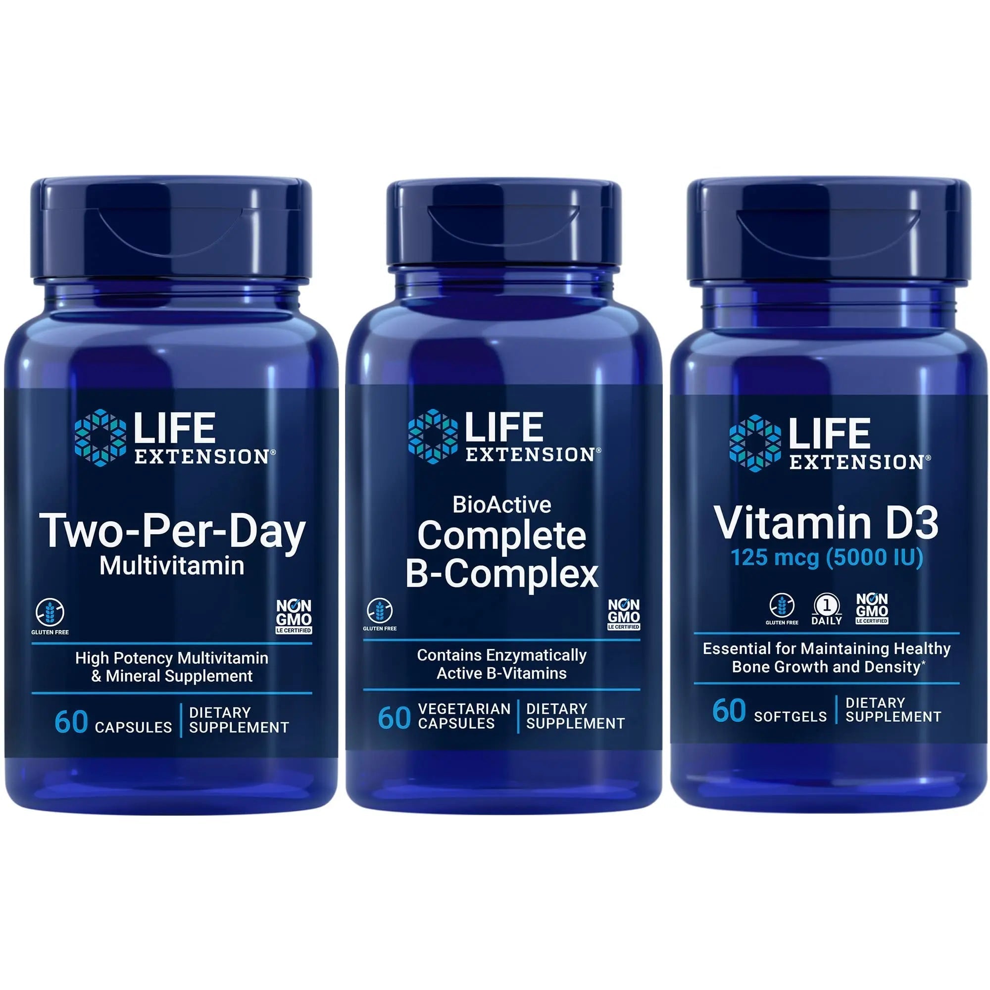 Life Extension Two-Per-Day Multivitamin, 60 capsules | BioActive Complete B-Complex, 60 capsules | Vitamin D3 125 mcg (5000 IU), 60 softgels | Bone & immune health, energy and metabolism support Life Extension buy supplements canada