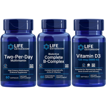 Life Extension Two-Per-Day Multivitamin, 60 capsules | BioActive Complete B-Complex, 60 capsules | Vitamin D3 125 mcg (5000 IU), 60 softgels | Bone & immune health, energy and metabolism support Life Extension buy supplements canada