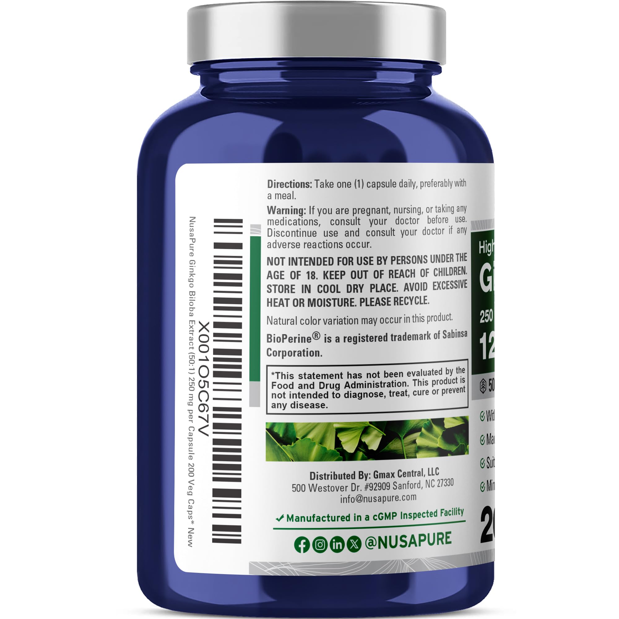 NusaPure Ginkgo Biloba 50:1 Extract, 250 mg Equivalent to 12,500 mg per Veggie Caps 200 Capsules (Vegetarian, Non-GMO, Vegan) Bioperine NusaPure buy supplements canada