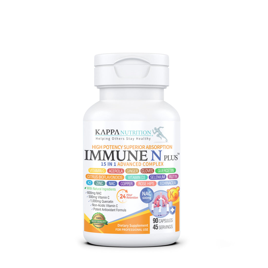 (90 Capsules), NAC 600mg, Quercetin 1,000mg, Vitamin C 500mg, Zinc 50mg, Vitamin D3 5,000iu, Selenium, Copper, Acerola, Ginger, Rutin, Citrus Bioflavonoids, Rose Hips, Echinacea, Immune N Plus 15 in 1 KAPPA NUTRITION buy supplements canada