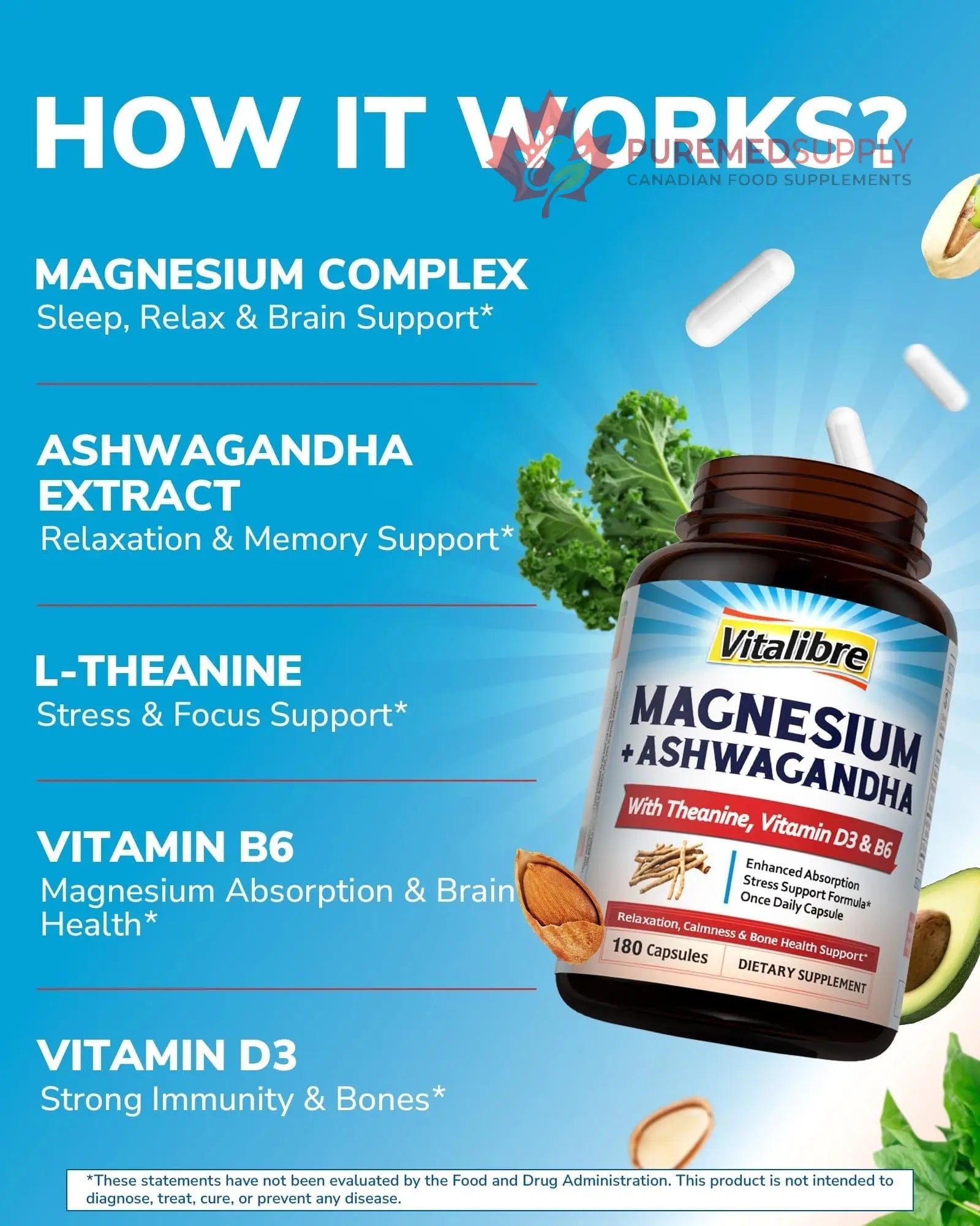 Vitalibre Magnesium Complex with Ashwagandha & L-Theanine - Stress Relief, Bone & Relaxation Support - w/Vitamin D3, B6 - Glycinate, Citrate, Malate, Taurate - 90 Vegan Capsules, Non-GMO, Gluten Free Vitalibre buy supplements canada