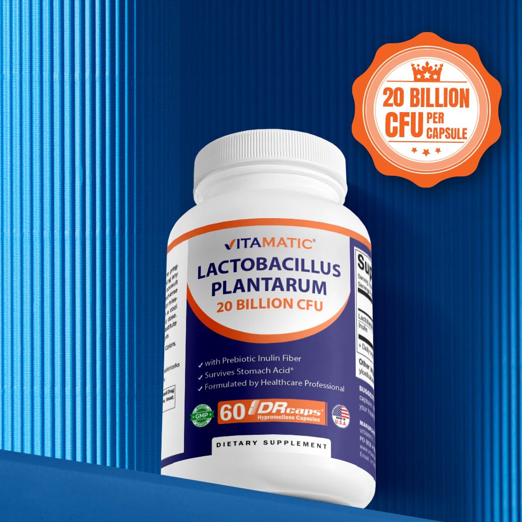 Vitamatic Lactobacillus Plantarum - 20 Billion per DR Capsule - 60 Count - Digestive Support - Made with Prebiotic Inulin Fiber Vitamatic buy supplements canada