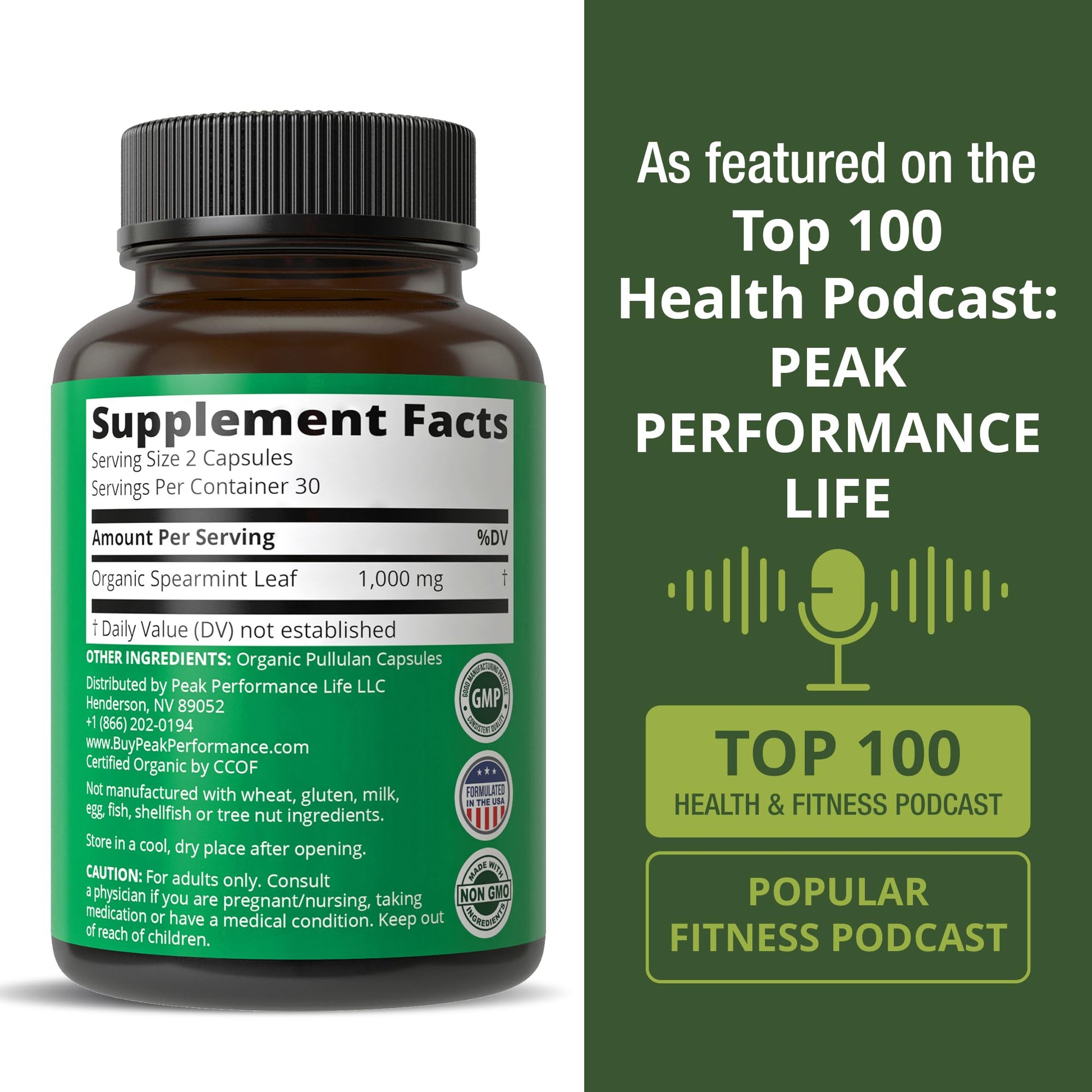 Peak Performance USDA Organic Spearmint Capsules. Organic Vegan Spearmint Leaf Pills for Digestive Support, Ingestion, and More. USA Tested Supplement for Women and Men. Peak Performance buy supplements canada