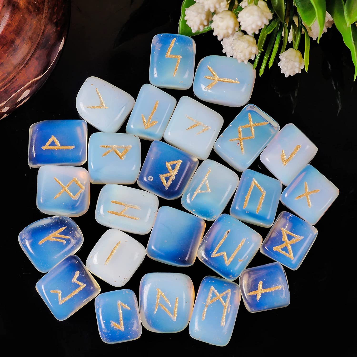 Opalite Rune Stone - Rune Set - Engraved Elder Futhark Alphabet Symbols - Witchcraft Crystals QUIPSA buy supplements canada