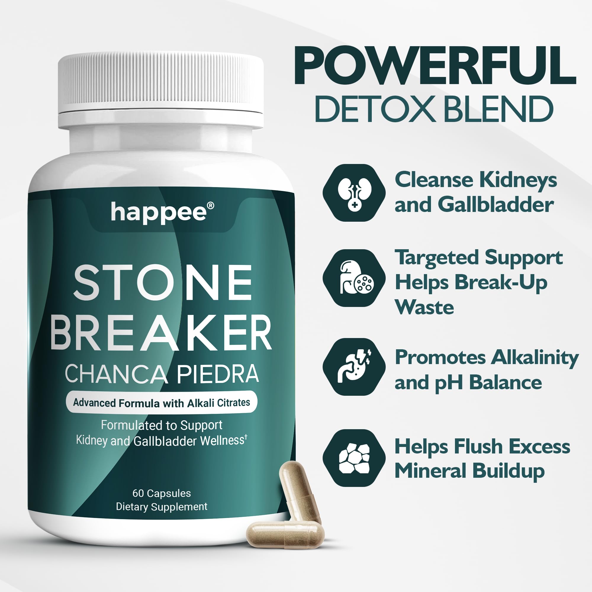 Happee Chanca Piedra Stone Breaker Kidney & Gallbladder Cleanse – Kidney Stone Dissolver & Passage Support - High Potency Phyllanthus Niruri with Magnesium, Potassium & Herbal Blend - 60 Capsules Happee buy supplements canada