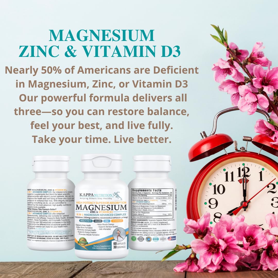 Kappa Nutrition Magnesium 4-in-1, 280mg Elemental Magnesium (Bisglycinate, Malate) + Zinc & Vitamin D3, Brain, Sleep, Energy, Muscle, Immune Support, 60 Vegan Capsules. KAPPA NUTRITION buy supplements canada