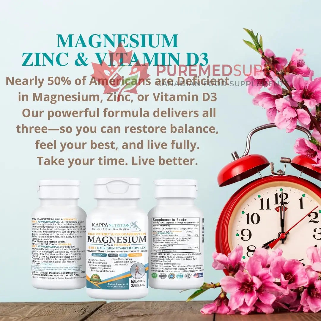 Kappa Nutrition Magnesium 4-in-1, 280mg Elemental Magnesium (Bisglycinate, Malate) + Zinc & Vitamin D3, Brain, Sleep, Energy, Muscle, Immune Support, 60 Vegan Capsules. KAPPA NUTRITION buy supplements canada