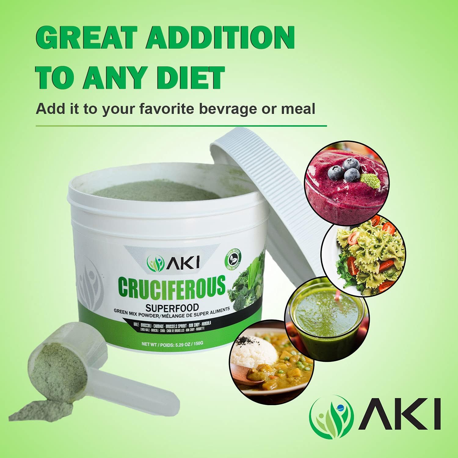 AKI Cruciferous Superfood Green Mix Powder - Made from Kale, Broccoli, Brussels Sprouts, Cabbage - Packed with Essential Phytonutrients & Vitamins ((5.3oz/150g)) AKI ORGANIC buy supplements canada