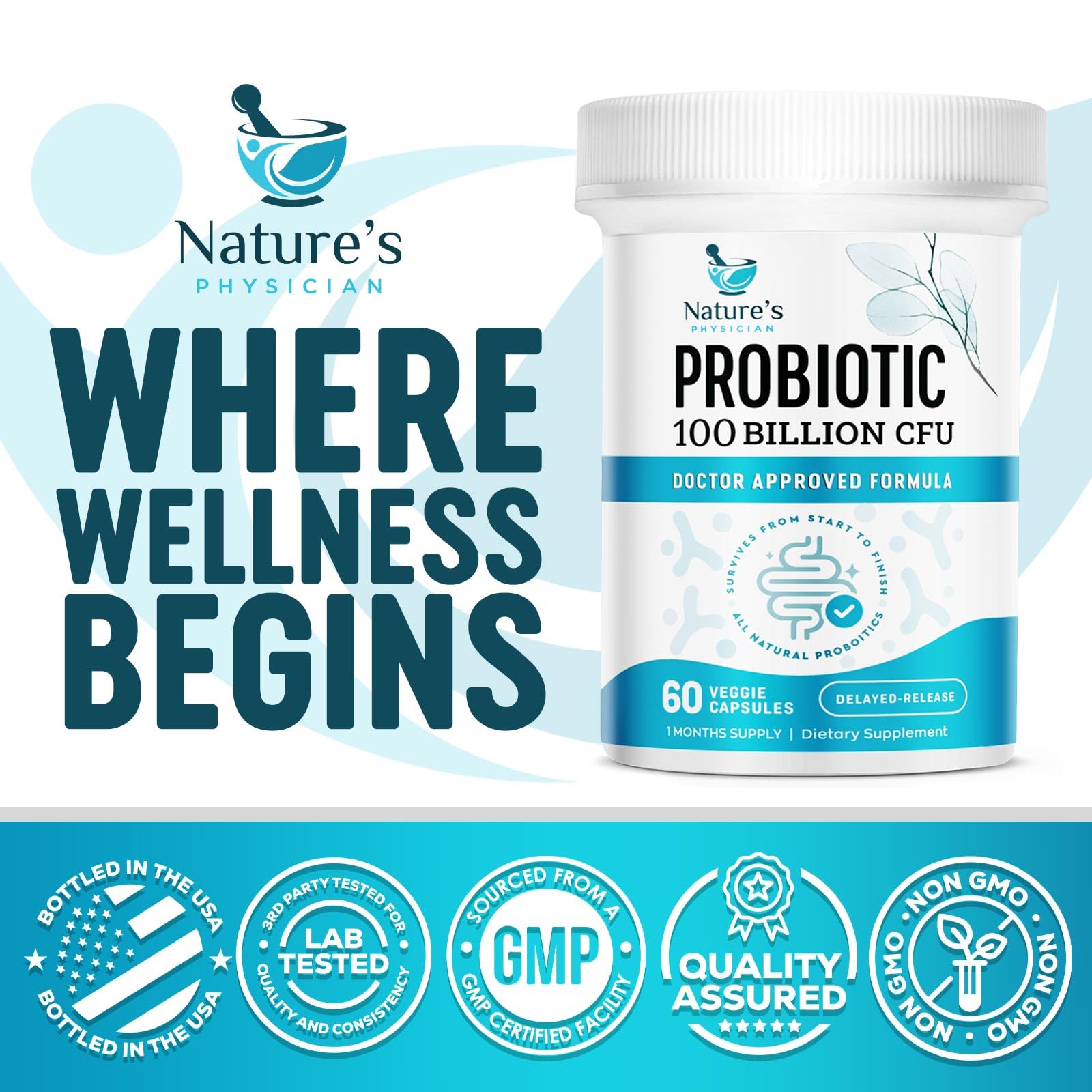 Nature's Physician Probiotics - 100 Billion CFU Per Capsule - 16 Strains + Prebiotics - Best Probiotic Supplement for Women & Men - Supports Immune, Nature's Physician buy supplements canada