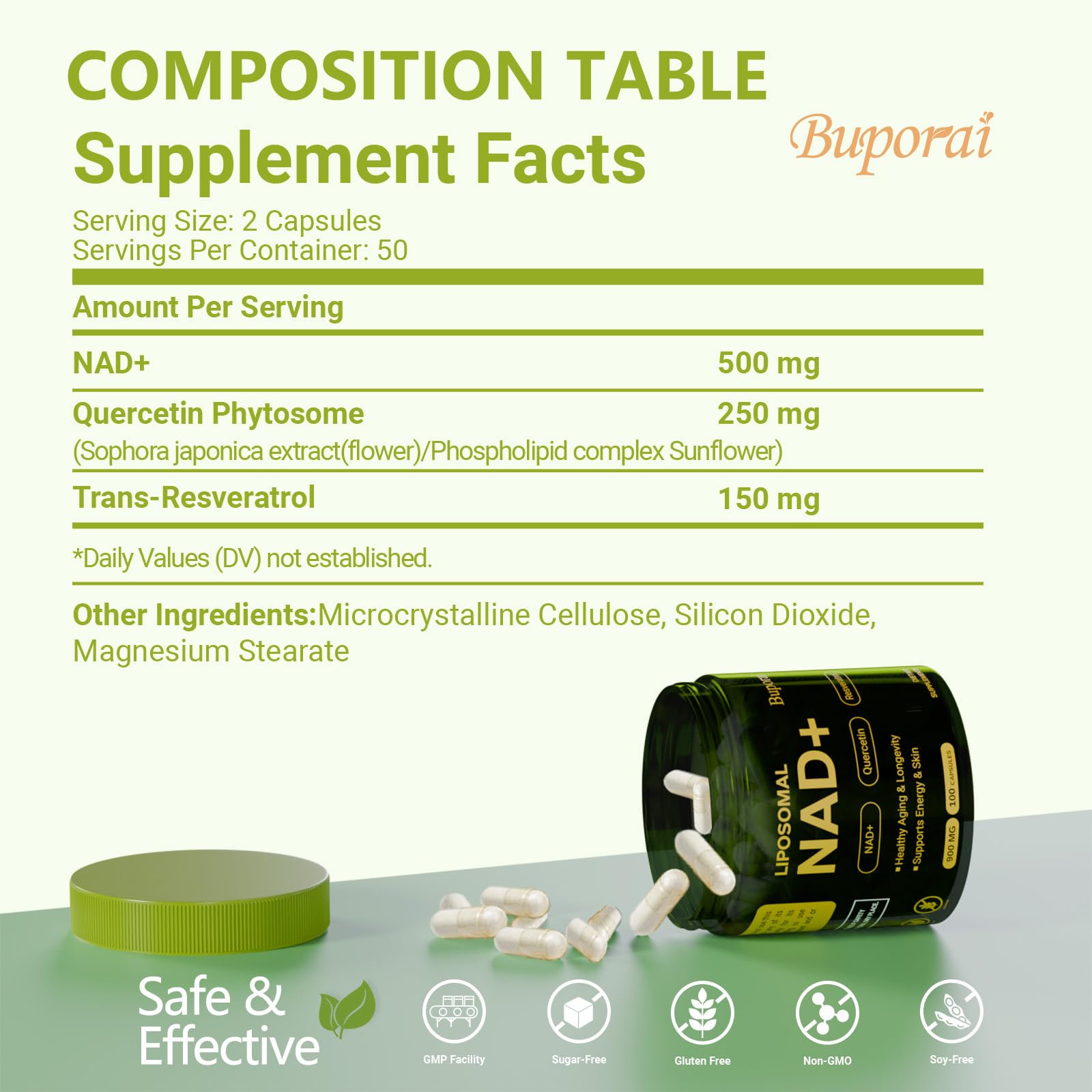 Buporai NAD Supplement 900mg with Resveratrol & Quercetin, NAD Supplement for Anti-Aging, Cellular Energy & Repair-100 Capsules Buporai buy supplements canada