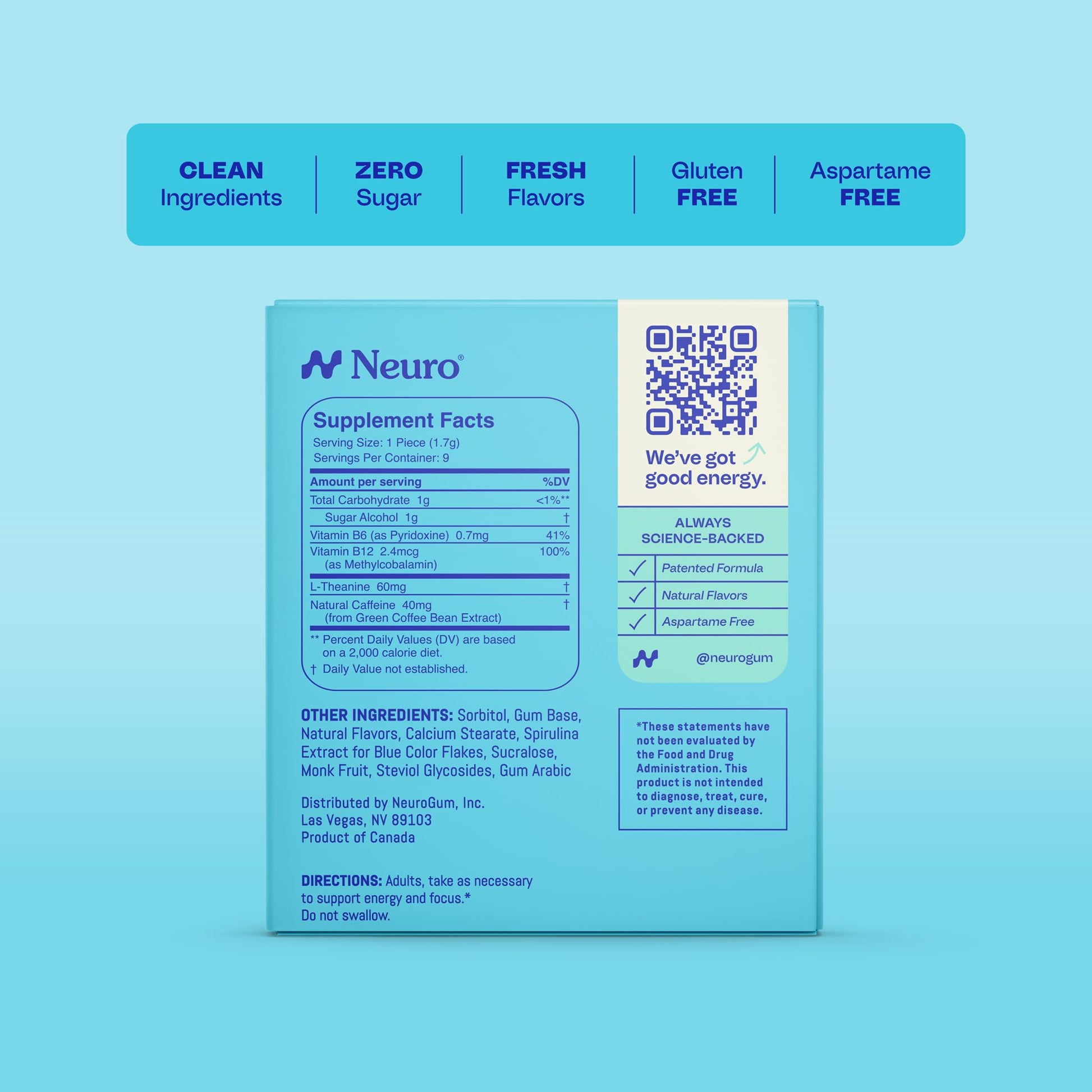 Neuro Energy & Focus Gum - 40mg Natural Caffeine Gum & Nootropic Energy Supplement with L-Theanine & B Vitamins - Sugar Free, Vegan - Peppermint, 54ct Neuro buy supplements canada