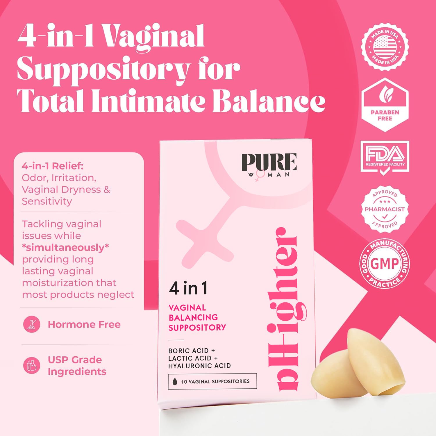 PURE WOMAN - pH-ighter Vaginal Boric Acid Suppositories for Women - Hyaluronic Acid - 4 in 1 Vaginal Suppositories for Discomfort, Dryness, Odor & pH Balance- Full Vaginal Health Care - 10ct PURE WOMAN buy supplements canada