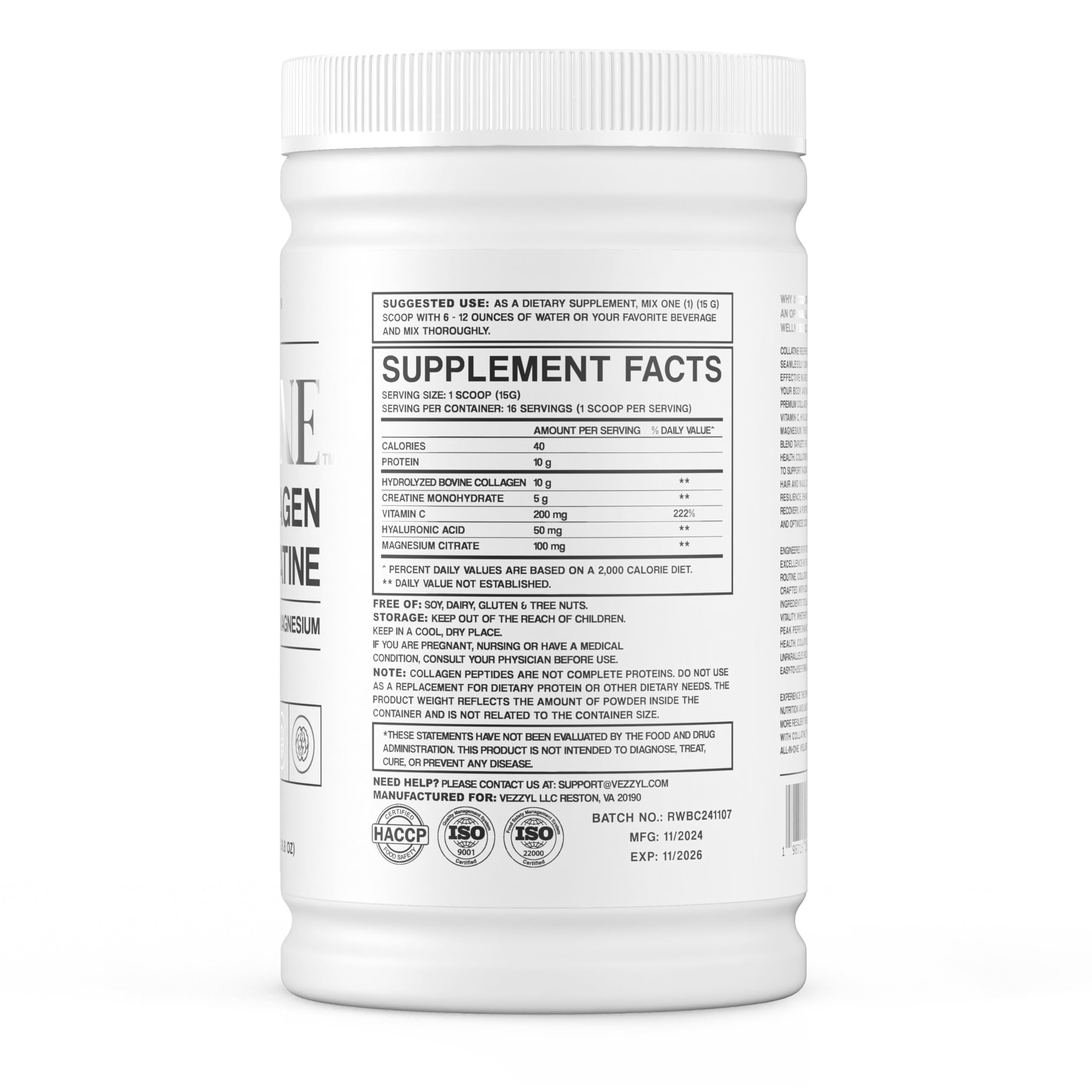 Vezzyl - Collatine - Premium Collagen Peptides + Creatine with Vitamin C, Hyaluronic Acid and Magnesium for Skin, Hair, Nails, Bone & Joint, Muscle, Immune and Cognitive Aid (.55 LB (250 G/8.8 OZ) Vezzyl buy supplements canada