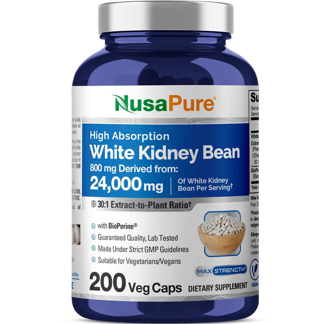 NusaPure White Kidney Beans 30:1 Extract, 800 mg Equivalent to 24,000 mg 200 Vegan Capsules - Bioperine - (Vegan, Non-GMO) NusaPure buy supplements canada