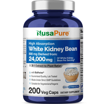 NusaPure White Kidney Beans 30:1 Extract, 800 mg Equivalent to 24,000 mg 200 Vegan Capsules - Bioperine - (Vegan, Non-GMO) NusaPure buy supplements canada