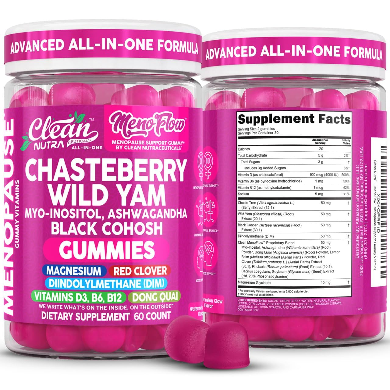 Clean Nutra Menopause Supplements for Women Chastberry Wild Yam Gummies Inositol Black Cohosh Magnesium Red Clover DIM Supplement B6 Magnesium Glycinate Glycine Vitex Hormone Balance Gummy Vitamins Clean Nutraceuticals buy supplements canada