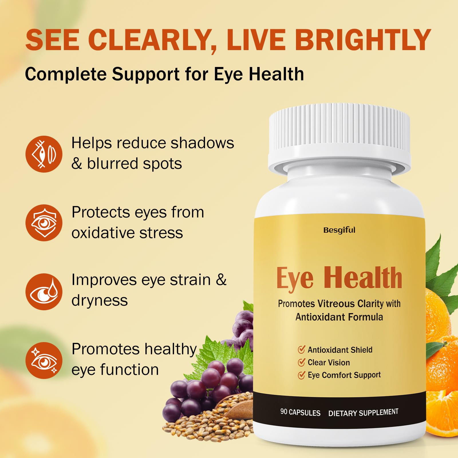 Besgiful Eye Supplement for Vitreous Health, Promotes Clear Vision, Improves Eye Strain & Dryness, Reduces Squiggly Lines, Eye Degeneration, Clear Eye Support, 90 Vegan Capsules Besgiful buy supplements canada